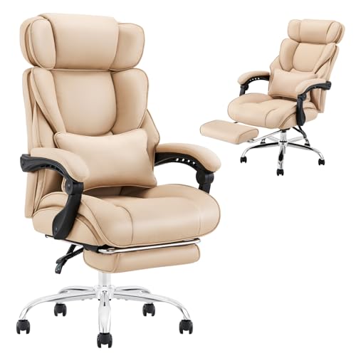 COLAMY Office Chair with Footrest-Ergonomic High Back Design Executive Computer Desk Chair with Removable Lumbar Pillow, 90-135°Reclining, Thick Bonded Leather for Home Office Work Comfort (Khaki)