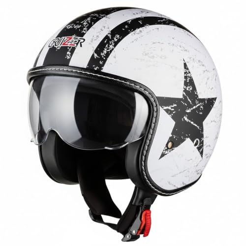 CRUIZER Casco moto Jet Custom Scooter Omologato Bianco Stella visiera a scomparsa (S)