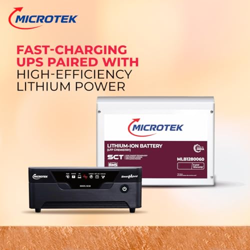 Image of Microtek Combo - SMART Hybrid NEW 1275 1115VA /925W Pure Sine Wave Inverter (12V) + 12.8V 100Ah LiFePO4 Deep Cycle Battery | Fast Charge | Fans, TV, Laptop, Router Backup Combo