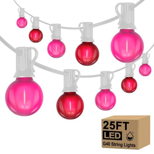 G40 LED Valentine’s Day String Lights, 25Ft Valentines Decorations Lights Outdoor with Frosted Red Pink Round Bulbs, Hanging Patio Lights Shatterproof for 4th of July Independence Day Patriotic Party by Xingzd - Used condition - US$20.32