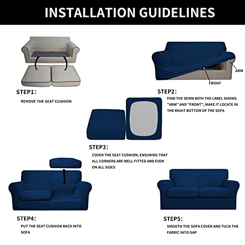 Image of Easy-Going 3 Pieces Stretch Loveseat Couch Cover for 2 Cushion Washable | Sofa Slipcover for Stretch 2 Separate Sectional Cushion Couch - Furniture Protector for Pets, Kids Navy