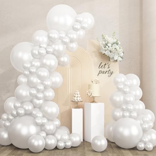 RUBFAC 135pcs Pearl White Balloons Latex Balloon Different Sizes 18 12 10 5 Inch for Garland Arch Wedding Engagement Anniversary Bridal Baby Shower Birthday Party Decoration