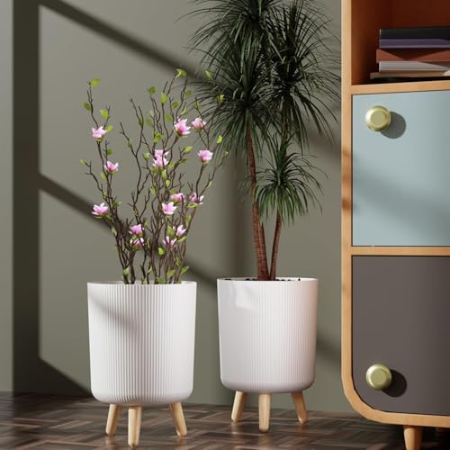 Image of SR Modern Flower Pot with Plastic Legs | Indoor Outdoor Planter for Home Garden Balcony Decor Ribbed Design (White Pack of 2) | with Free Vermicompost Fertilizer for Plants (500gm)