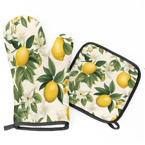Lemon Grass Leaf Oven Mitts Kitchen Oven Gloves for Cooking Baking Heat Proof Lining Cotton Kitchen Potholder Mittens Pot Holders Hot Pads for Chef Women Men