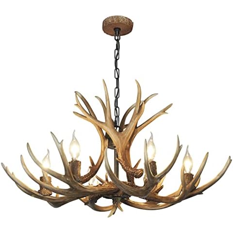 QIANLU Antler Chandelier-6 Light Iron D30 H17 Deer Horn Chandelier Vintage Style Ceiling Light Amercian Rustic Antler Chandeliers for Kitchen Island Bedroom Dining Room Cafe Bar Living Room 3008C-6 Cover