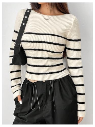 Verdusa Women's Striped Sweaters Fall Outfits Long Sleeve Boat Neck Knitted Pullover Crop Tops4