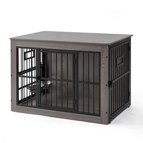 Gardner Pet Hundekäfig Möbel, 99cm Hundebox für Zuhause, Moderne Hundehütte Indoor mit 3 Türen und verstellbaren Näpfen, Hundehaus aus Metall und Holz für mittlere Hunde, 99x65x69 cm, Grau