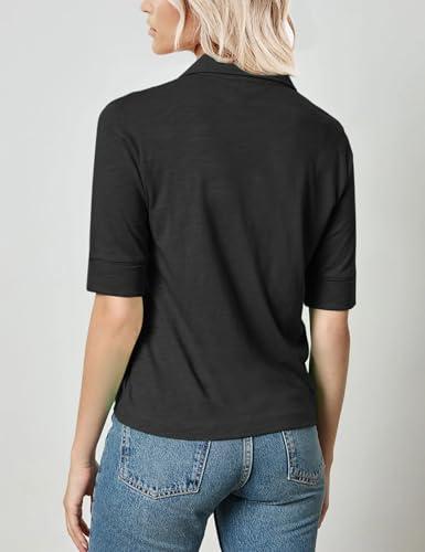 Minclouse Women's Elbow Sleeve Collared Tee Casual Relaxed Fit Tops V Neck Summer Blouse2