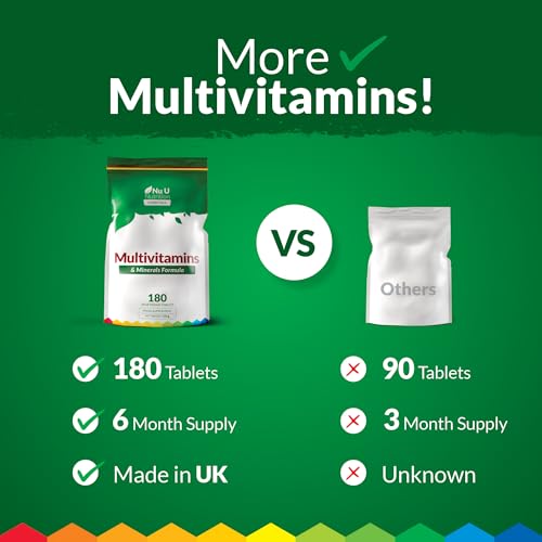 Multivitamin Tablets for Men & Women - 180 Tablets - 6 Month Supply - 25 A-Z Multivitamins & Minerals Including Iron, Zinc & Vitamin D - One a Day - Vegetarian - Made in The UK - Nu U Nutrition - 5