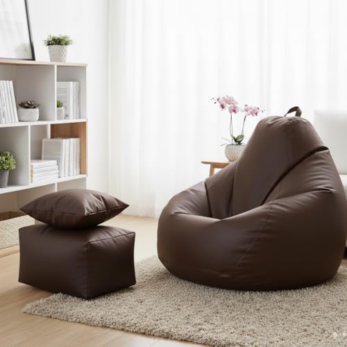 Image of 5XL Premium Leatherette Bean Bag with Rectangular Footrest & Cushion | High Density EPS Beans Filled | Teardrop Shape with Handle | 6 Months Warranty (Brown, 5XL Combo Pack, Solid)