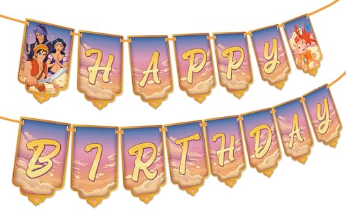 Aladdin Themed Happy Birthday Banner by Doodle Pink | Arabian Nights Party Decorations for Kids | Magic Carpet Party Supplies | Genie Birthday Party Decor | Large Aladdin Birthday Banner with Whimsical Design