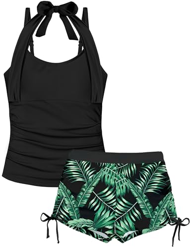 Image of Girls Swimsuit 2 Piece Halterneck Girls Tankini Swimsuit Drawstring Printed Swim Shorts Girl Bathing Suit for 7-18T