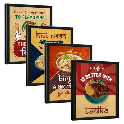 Image of Chaka Chaundh Engineered Wood - Kitchen Quotes Rectangular Wall Frames - (Set of 4) - Dining Frame - Restaurant food Quotes Framed Posters - (14 X 11 inches)