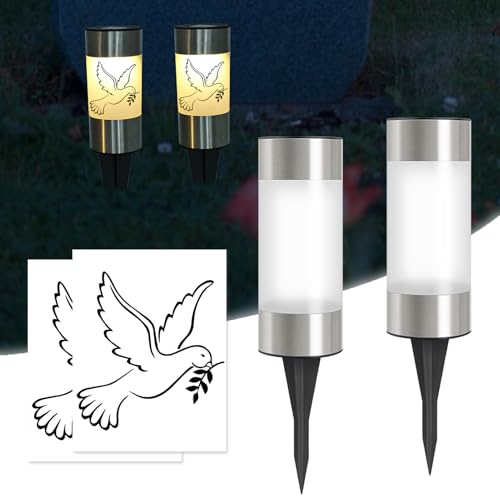 Silkwish Lot de 2 lanternes funéraires solaires avec piquet de terre et autocollants colombe – IP65 résistant aux intempéries – Bougies de cimetière avec capteur crépusculaire automatique – Lampes