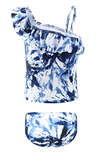 Girls Two Piece Tankini Swimsuits Tie Dye Bathing Suit for Kids One Shoulder Swimwear 3-16 Years2