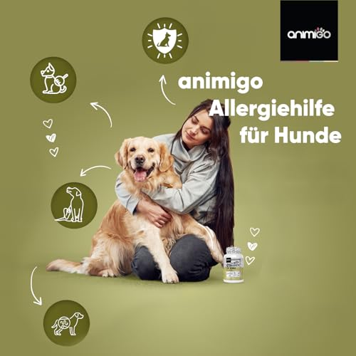 animigo Allergiehilfe für Hunde - 120 Allergie Tabletten für Haut-, Umwelt- & Nahrungsmittelallergien - Mit Kurkuma, Flohsamenschalen, Leinsamen, Traubenkernextrakt, Kürbiskern, Mit Huhn Geschmack