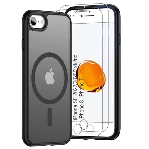 Pilaru Magnetic Case for iPhone 7/8 & SE 2022/2020(3rd/2nd)[Compatible with MagSafe] 2 Screen Protector | Anti- Fingerprint Shockproof Skin-friendly Slim Fit Translucent for iPhone SE-Matte Black