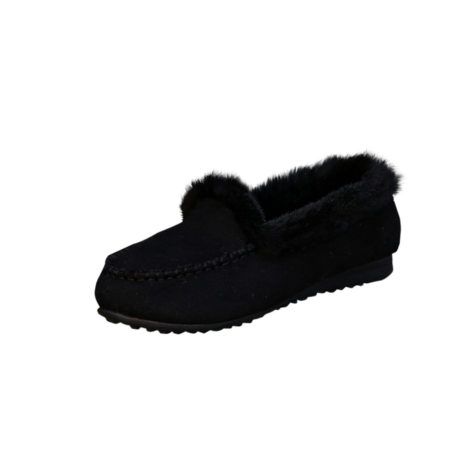 Womens Comfort Slip On Winter Boots Warm Fur Lined Suede Ankle Boots Solid Color Casual Round Toe Flat