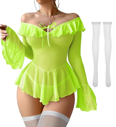 Image of Foxiny Sheer Ruffle Long Sleeve Babydoll Lingerie Dress | Off-shoulder neckline, flared cuffs and a flounce hem add movement; thong and thigh-high stockings complete the 3-piece set