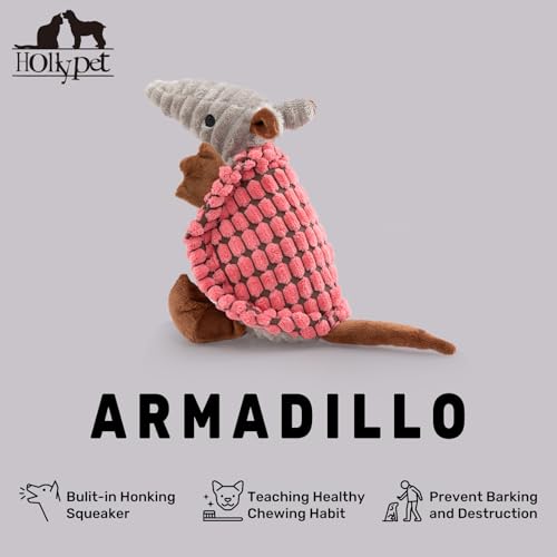 Image of Hollypet Plush Dog Squeaky Toy Stuffed Armadillo Animal Pet Puppy Chew Toys with Clean Teeth for Small Medium Large All Breed Sizes Dogs, Bright Pink,8 in