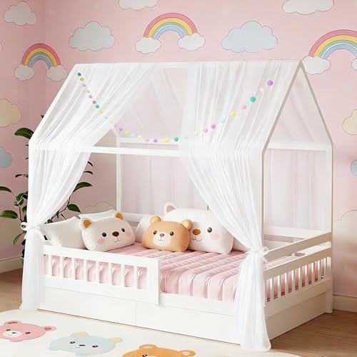 DOINEUFL 2 stuks huisbedhemel voor kinderbed, 160 x 350 cm met gekleurde pomponslinger en bevestigingsbanden, lichte ademende stoffen gordijnen voor huisbed, decoratie, muggenbescherming (wit)