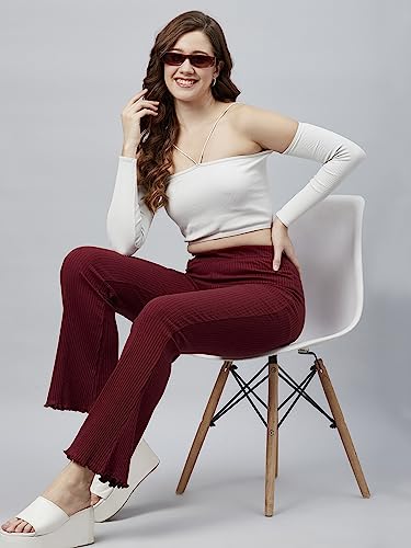 Image of BLINKIN Women's Stretch Fit Mid Rise Ribbed Stretchable Flared Pants | Boot Cut Bell Bottom Pants - Ideal for Yoga & Gym Wear, Casual Wear & Office Wear Trousers