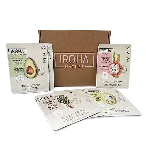 IROHA NATURE - KIT Cuidado Facial Tisú Natural Extracts (6 Mascarillas) | Cosmética Coreana con Vitaminas e Hidratación | Arbol de té, Aguacate, Noni y Pithaya