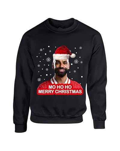 Mo Ho Ho Merry Christmas Mo Salah Jumper Liverpool Funny Football Lover Sweater Xmas Santa hat ugly Gift idea Unisex kids Adults Sweatshirt(M, Black)