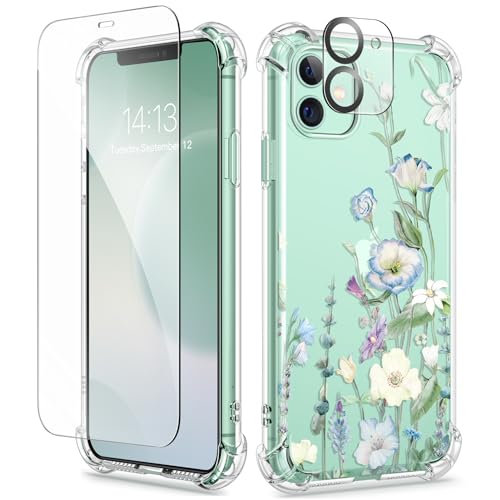 GVIEWIN for iPhone 11 Case Floral, with Screen Protector&Camera Lens Protector,[Non Yellowing] Soft Shockproof Clear Phone Protective Cover for Women, Flower Pattern Design 6.1'(Aquilegia/White)