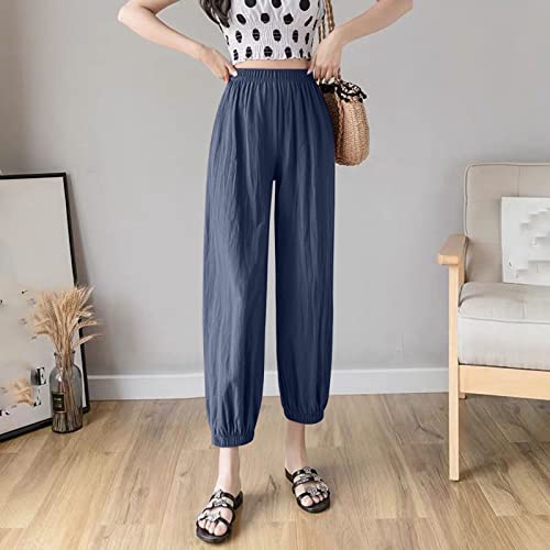 Dames solide katoen linnen tas elastische taille losse broek broek witte broek dames medicijn kort - Afbeelding 3