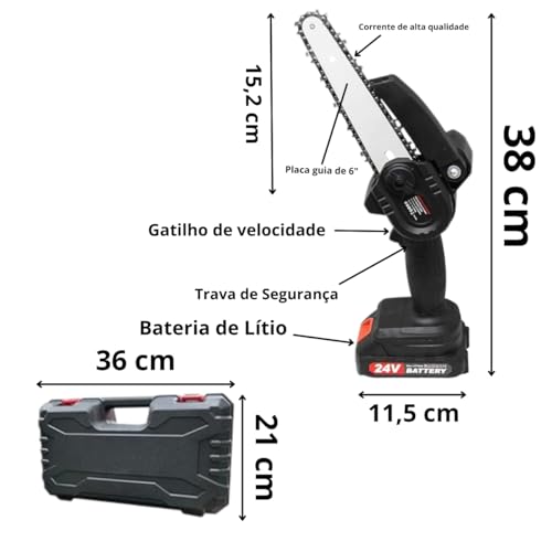 Motosserra Elétrica Portátil à Bateria 6 Polegadas de Mão – Bateria Recarregável, Bivolt, Mini Motos
