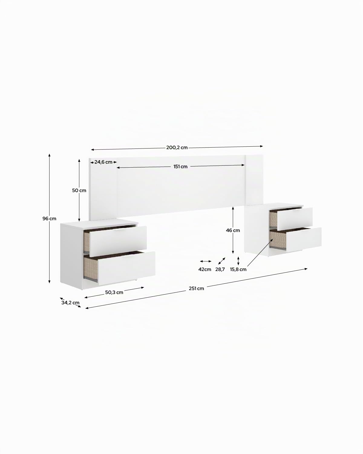 DEKIT Grupo RIMOBEL - Cabezal len para Cama DE 150CM con 2 MESITAS - Blanco - 96x251x34,2cm