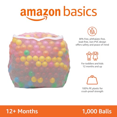 Image of Amazon Basics BPA Free Ball Pit Balls with Storage Bag, Crush-Proof Plastic for Toddlers Kids 12+ Months Play, 6 Bright Colors, Pack of 1000
