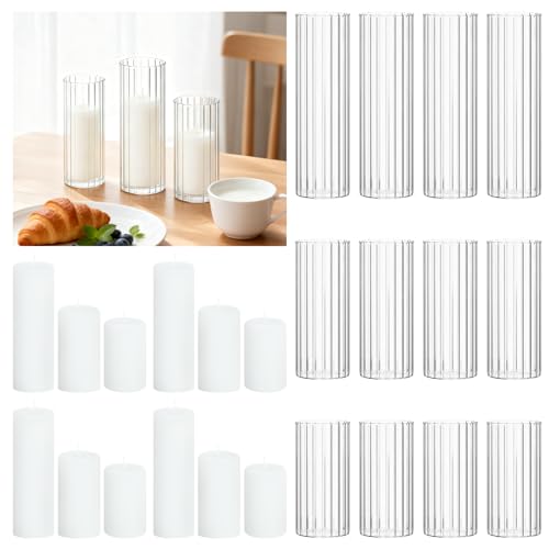 Trxvxo 24 PCS White Pillar Candles (2 x3 4 6) with Ribbed Glass Cylinder Vases (2.6 x5 6 8) Hurricane Glass Candle Holders Dripless Candles for Wedding Centerpieces Home & Table Decor