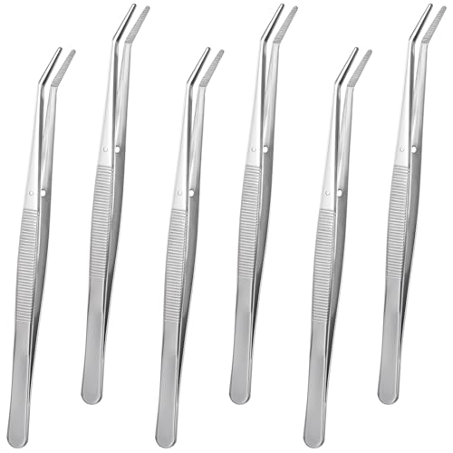 6 Pcs Stainless Steel Tweezers with Curved Serrated Tip Craft Tweezers Set 6-Inch Sewing Machine Tweezers Kitchen Tweezers Versatile High Precision Tweezers Forceps Tweezers,Silver