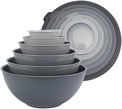 COOK WITH COLOR Mixing Bowls with TPR Lids - 12 Piece Plastic Nesting Bowls Set includes 6 Prep Bowls and 6 Lids, Microwave Safe Mixing Bowl Set (Grey)