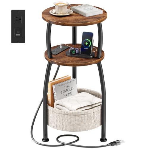 Yuede Side Table with Charging Station, Small Round End Table with Basket