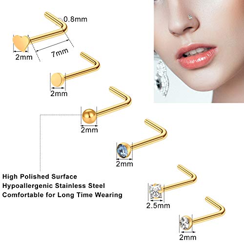 ONESING 9-40 Pcs 20G Nose Rings for Women Nose Piercings Jewelry Nose Rings Hoops L Shape Nose Studs Screw Hypoallergenic Nostril Surgical Stainless Steel Nose Rings Studs for Women Men