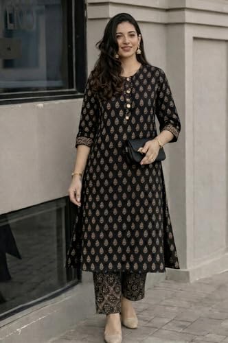 Image of ANNI Designer Kurta Set for Women Viscose Printed | Kurti Set for Woman | Kurta Pant Set | 2 Piece Set Women | Mandarin Neck 3 /4 Sleeve Regular Fit Stylish Ethnic Outfit Clothing