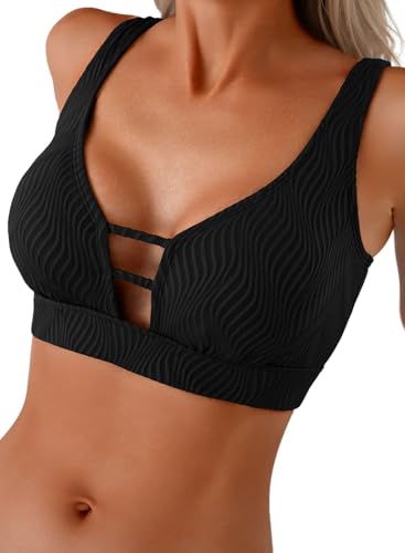 Herseas Sexy Textured Swim Tops Women Push Up Supportive Bikini Top Adjustable Wide Straps Bathing...