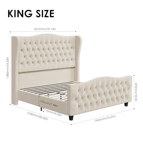 Keyluv King Size Velvet Upholstered Platform Bed Frame with Wingback Headboard and Footboard - Beige/Cream