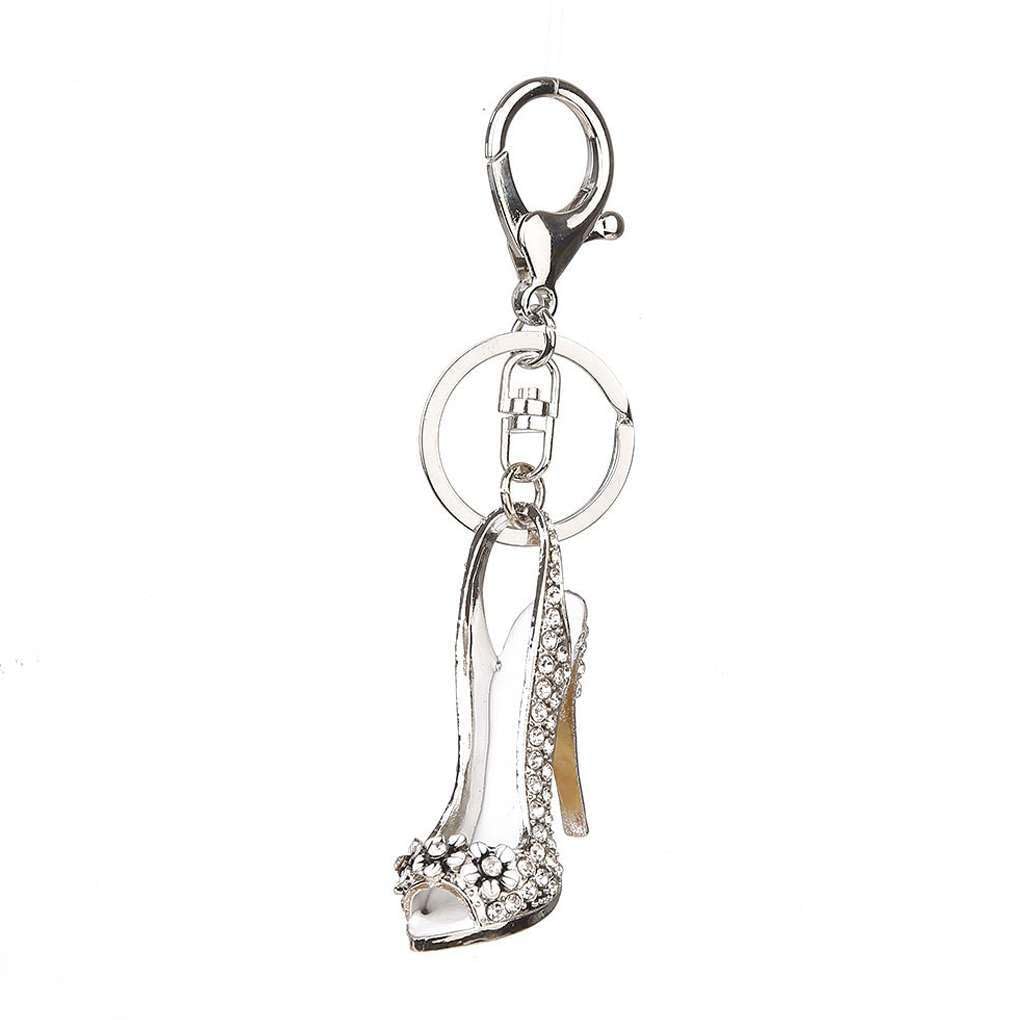 QUXVUIS Key Chain High-heeled Shoe Crystal Keyring Holder Shinning Sparkling Portable Unisex Wallet Handbag Hanging Pendant, Silver, 11.5cm