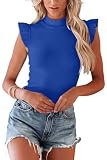 Allimy Womens Solid Slim Fit Summer High Mock Neck Cami Shirts Ruffled Short Sleeve Ribbed Tanks Tops Blouse Shirts Ryoal Blue XL