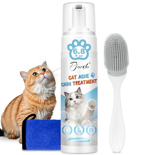 Pjordo Cat Acne Chin Treatment 6.8 fl.oz Cat Chin Cleaner Kit with Cleaning Brush and Cloth Remove Cat Chin Blackheads & No-Rinse Foam for Quick Clean Soothes Chin Acne