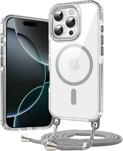 JMstore Magnétique Coque pour iphone 15 Pro Max [Compatible avec MagSafe] Coque Cordon de Collier Antichoc Magnétique Transparente Housse,Cordon Réglable -Gris