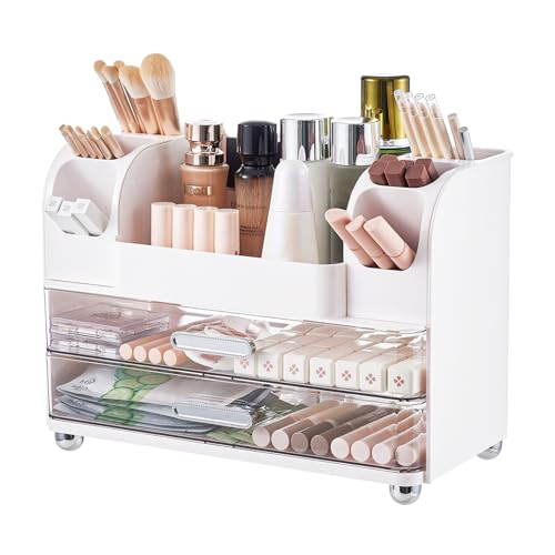 Makeup Organizer for Vanity with 2 Large Drawers, Cosmetic Display Case with Brush Holders, Easy to Storage for Bathroom Countertop Skincare, Desk Office Supplies, White