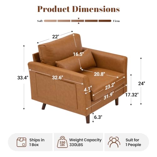 Image of Kingfun Faux Leather Armchair Sofa with Side Pocket,Mid Brown