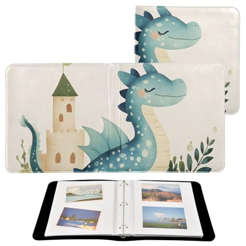 FOLIOSA Photo Album Dinosaur Castle Print, Leather Cover Self Adhesive Scrapbook Album for 2x3/4x6/5x7/6x8 in Photos for Family Travel Wedding