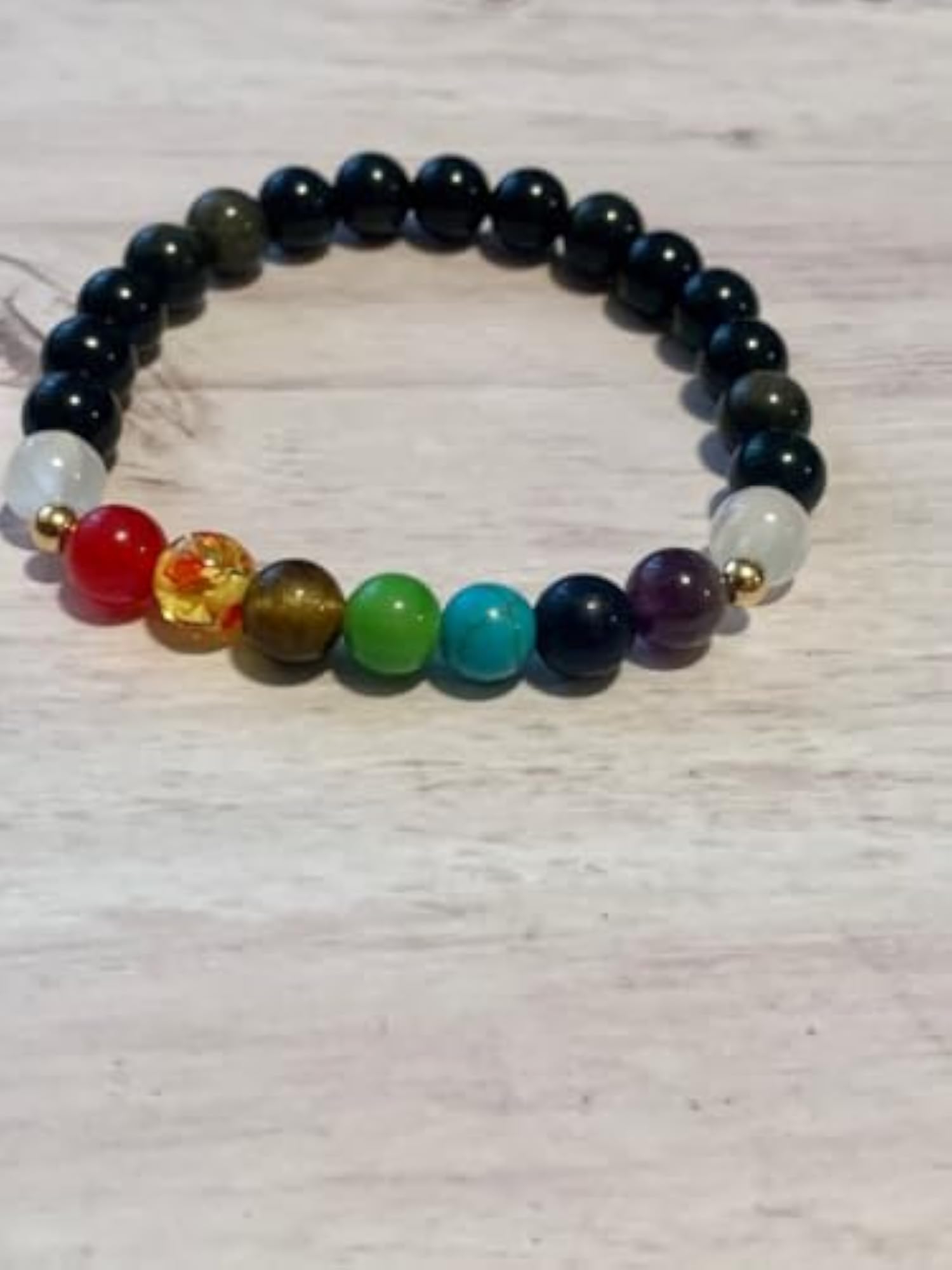 Natural 7 Chakra & Black Obsidian Gemstone Stretch Bracelet, Unisex Healing