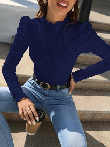 Image of Sugathari Girl's & Women's Spring /Summer Slim Fit High Neck T-Shirt with Stand Collar, Cap Sleeves and Eyelet Embroidery Frill Trim Tee Textured Sheer Fabric (T-Shirts 194 $P)